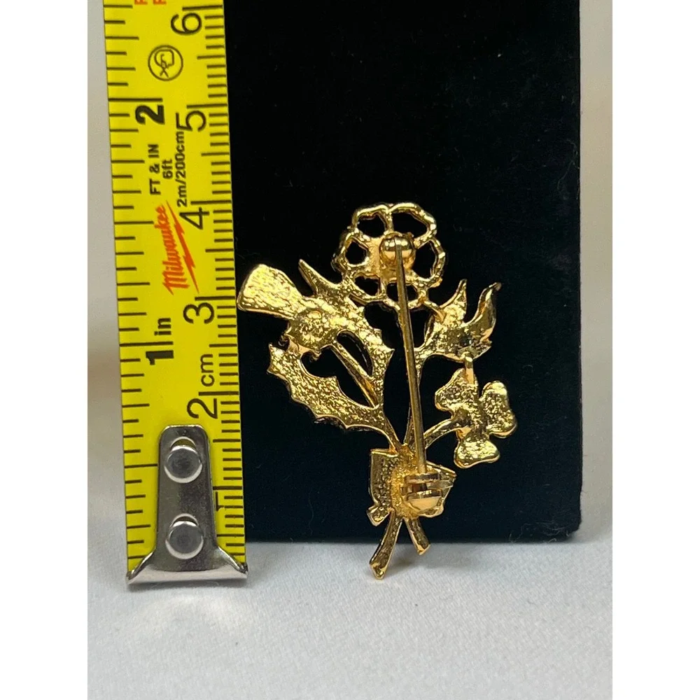Vintage Gold Tone Floral Bouquet Brooch Thistle Shamrock Rose Rhinestone Pin